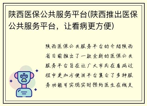 陕西医保公共服务平台(陕西推出医保公共服务平台，让看病更方便)